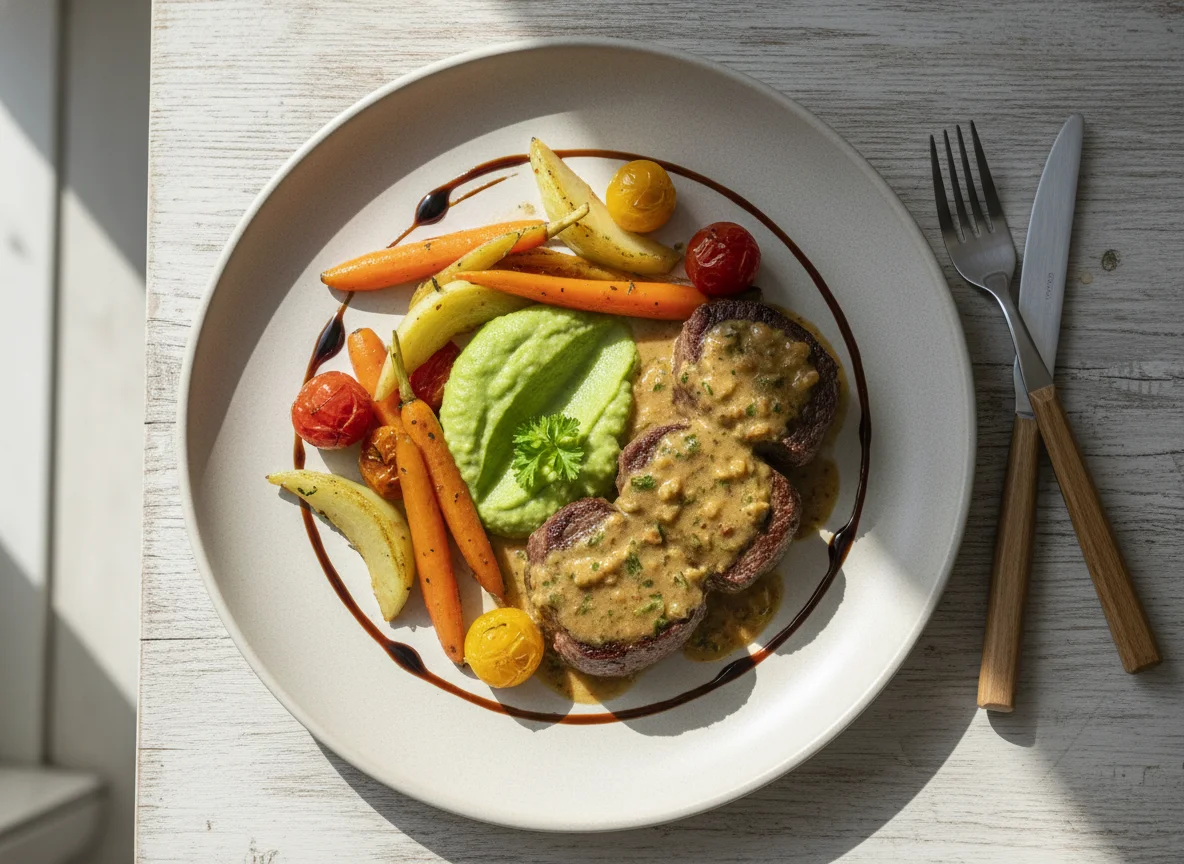 Rindsfilet mit Café de Paris Sauce, Erbsenpüree und Marktgemüse photo