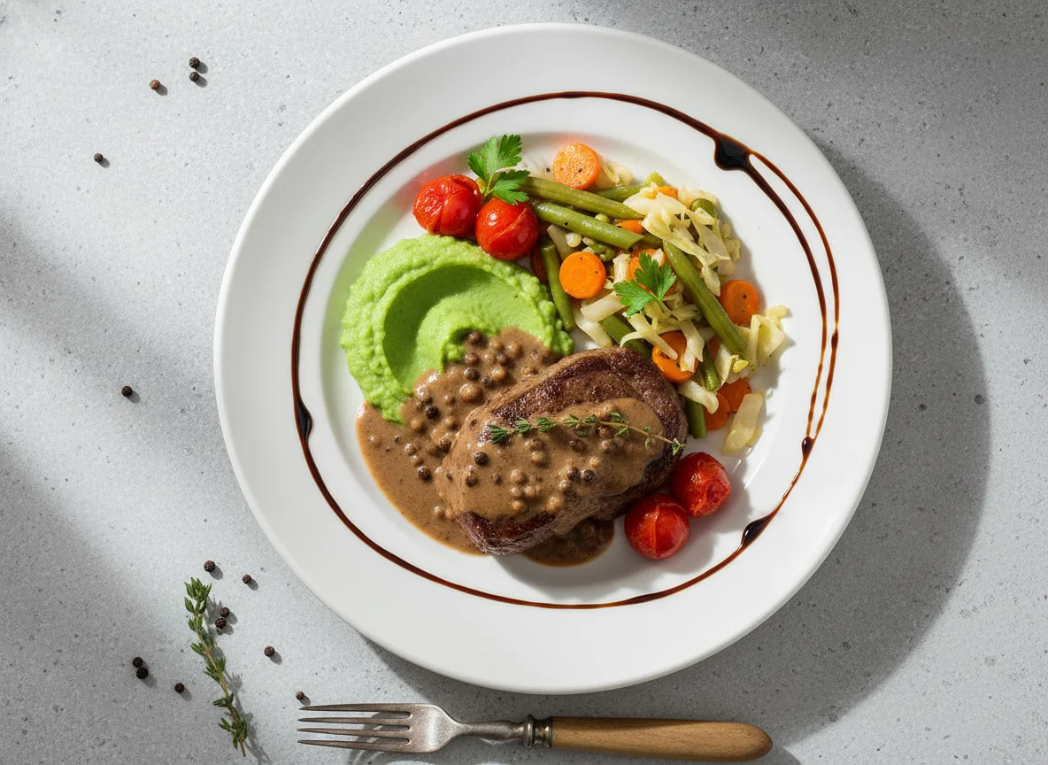 Rindsfilet mit Pfeffersauce und Gemüse photo