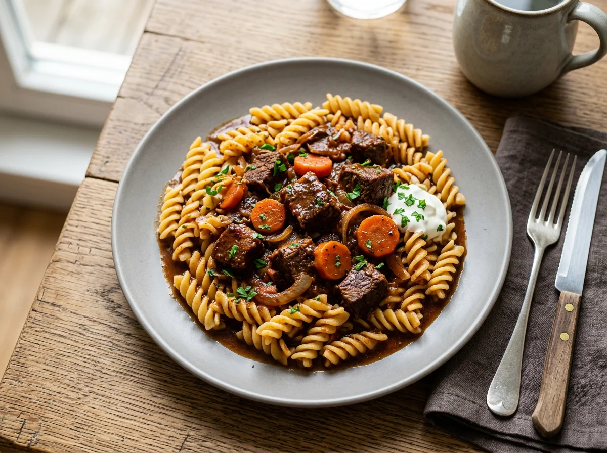 Rindsgulasch mit Fusilli photo
