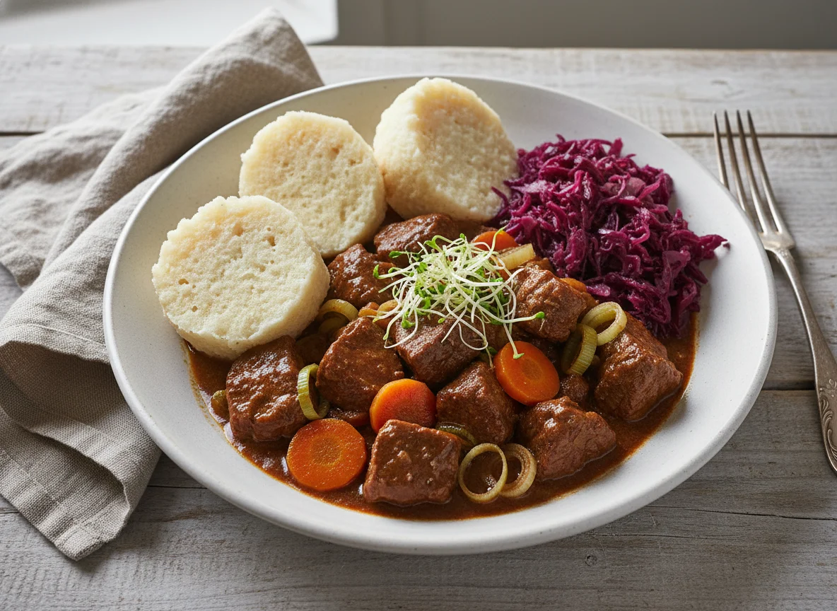 Rindsgulasch mit Semmelknödel und Rotkraut photo