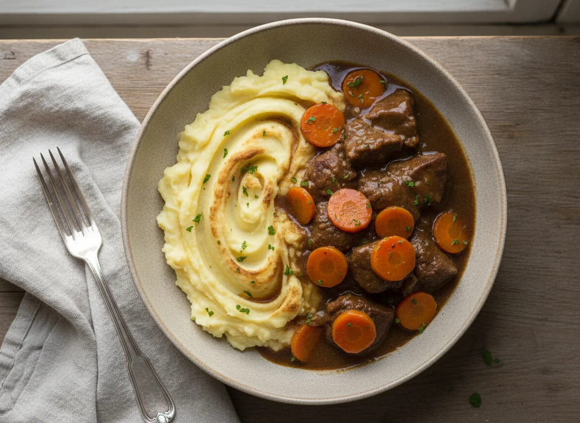 Rindsragout mit Kartoffelstock und Karotten photo