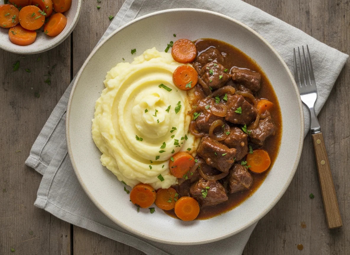 Rindsragout mit Kartoffelstock und Rüebli photo