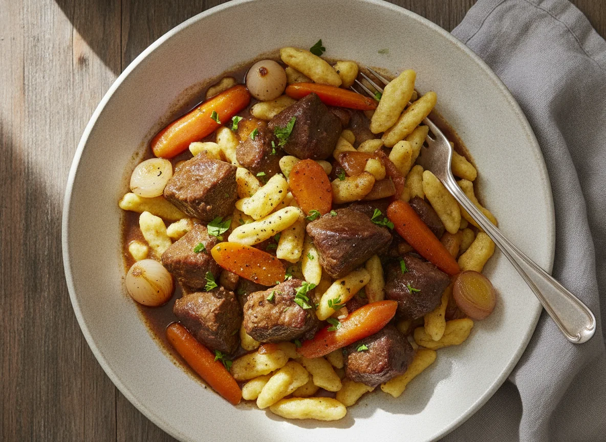 Rindsragout mit Spätzle und Karotten photo