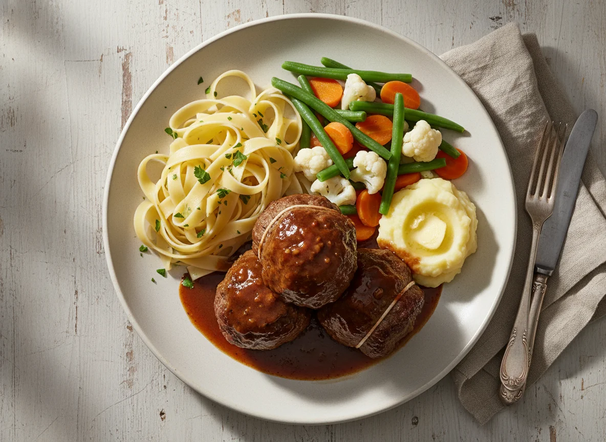 Rindsroulade mit Bandnudeln und Gemüse photo
