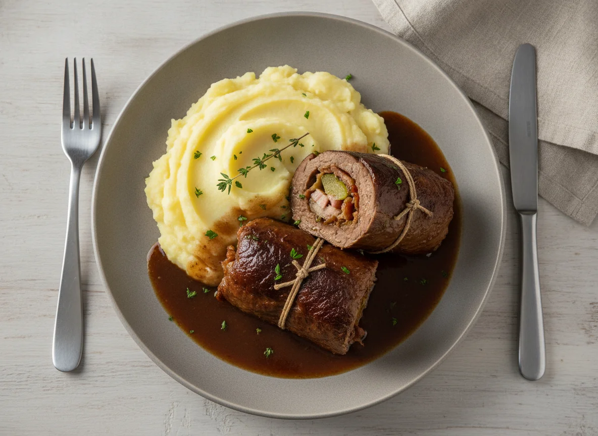Rindsroulade mit Erdäpfelpüree und Saft photo