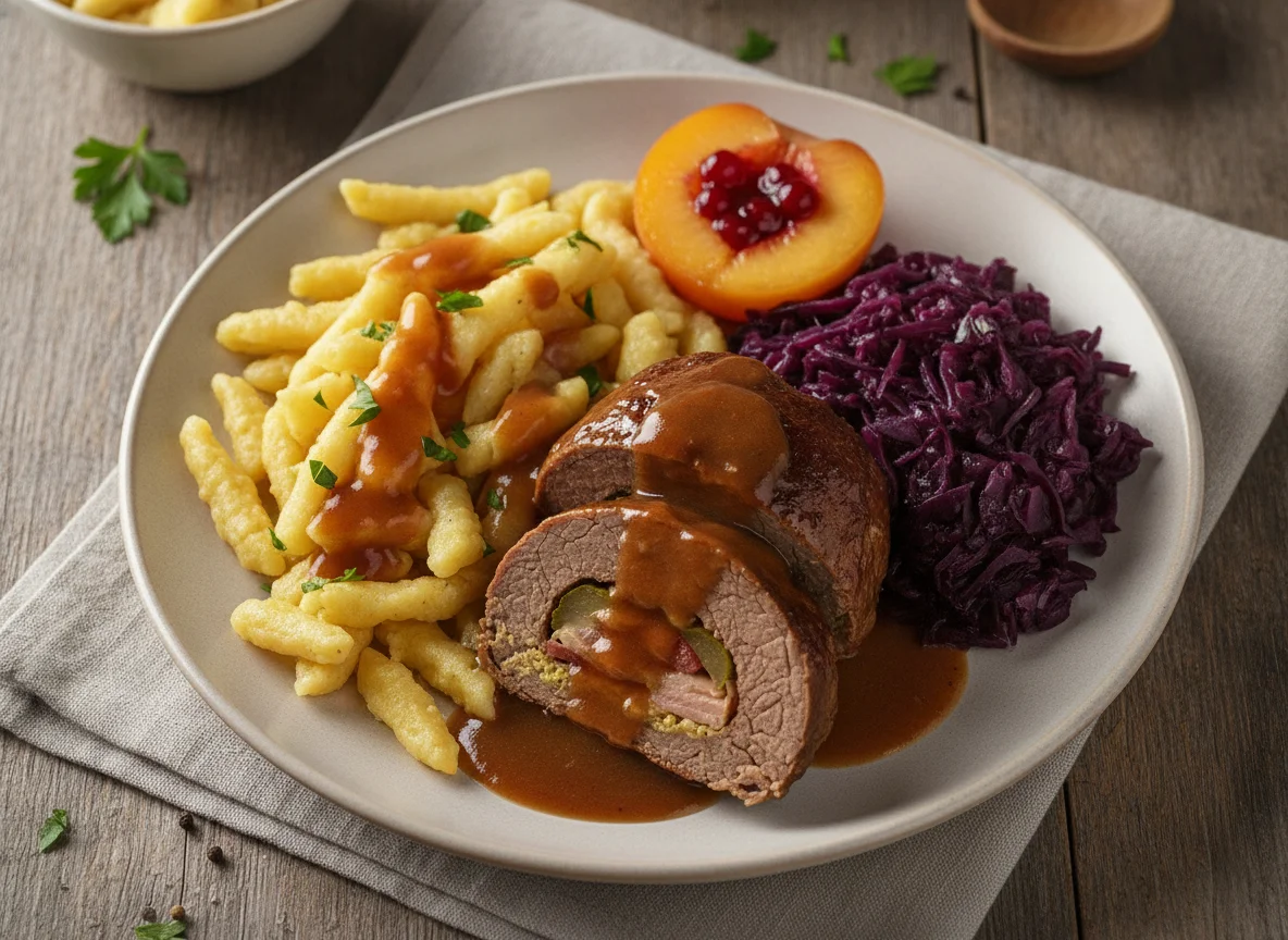 Rindsroulade mit Spätzle, Rotkraut und Pfirsich mit Preiselbeeren photo
