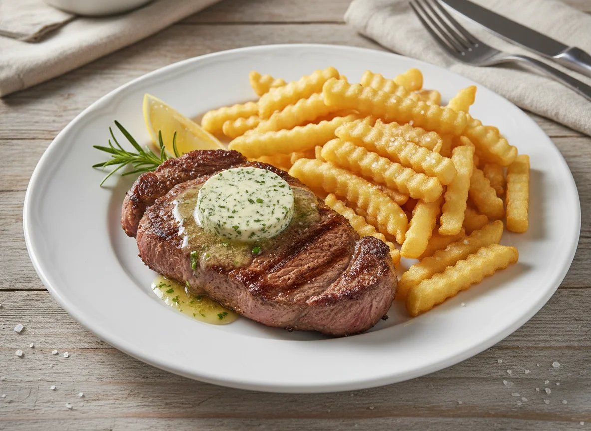 Rindssteak mit Pommes Frites und Kräuterbutter photo