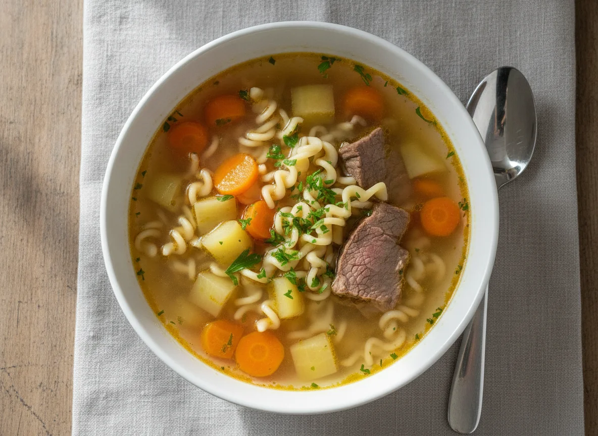 Rindsuppe mit Nudeln und Gemüse photo