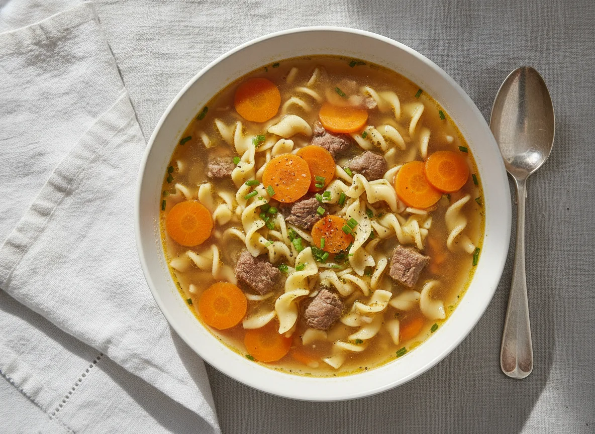 Rindsuppe mit Nudeln und Karotten photo