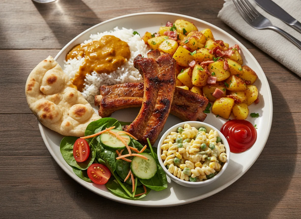 Rippchen mit Kartoffeln, Reis, Curry und Salat photo