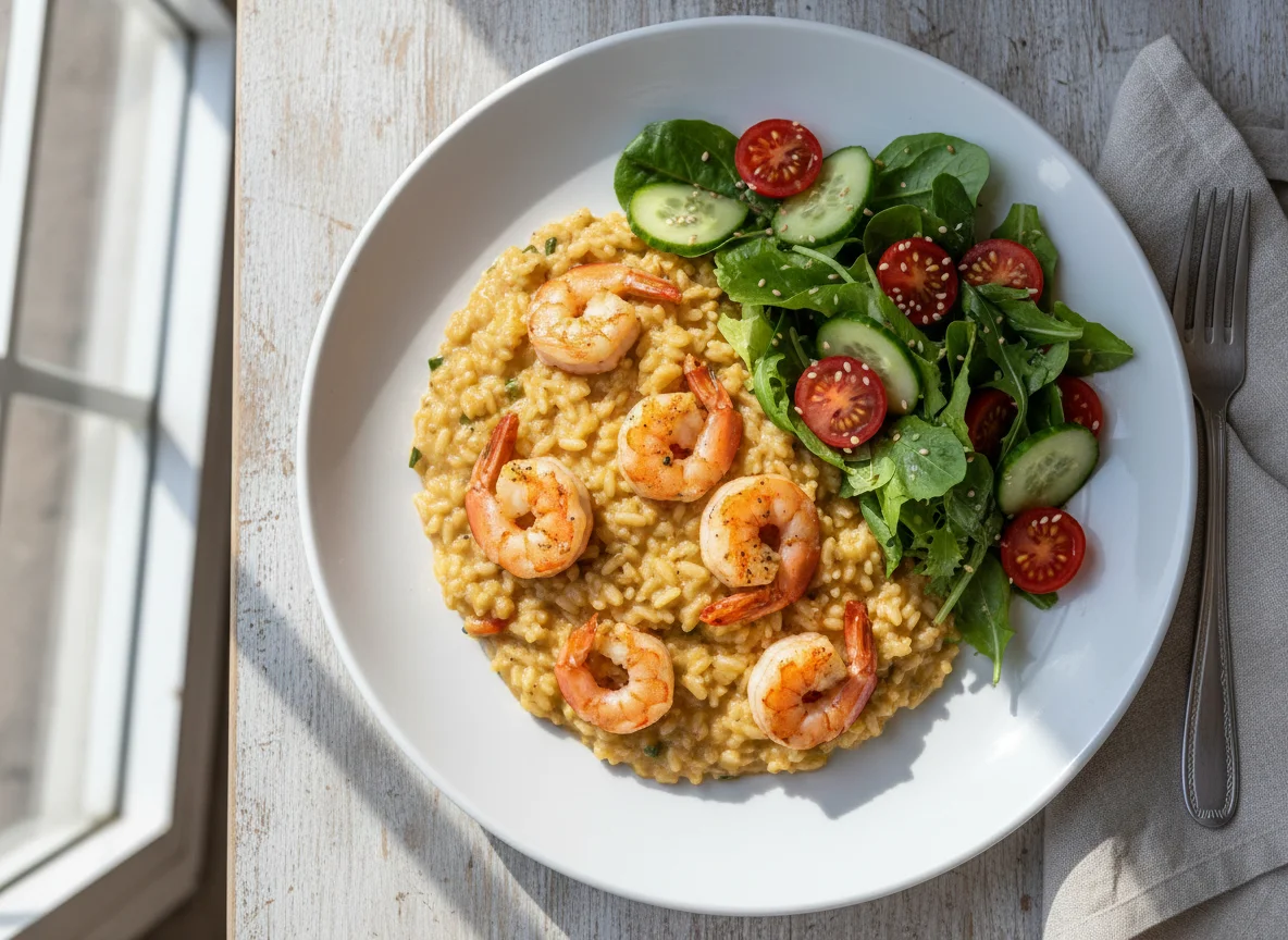 Risotto mit Garnelen und Salat photo