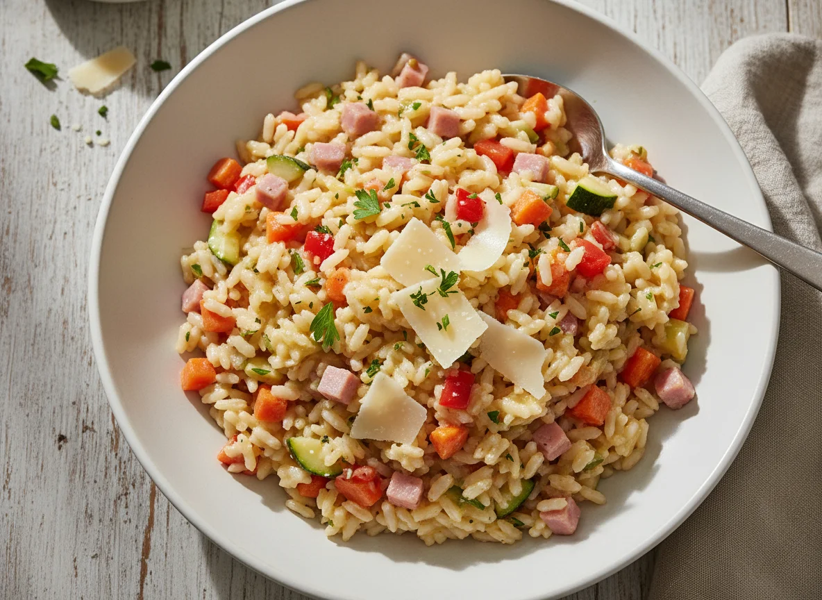 Risotto mit Gemüse und Schinken photo