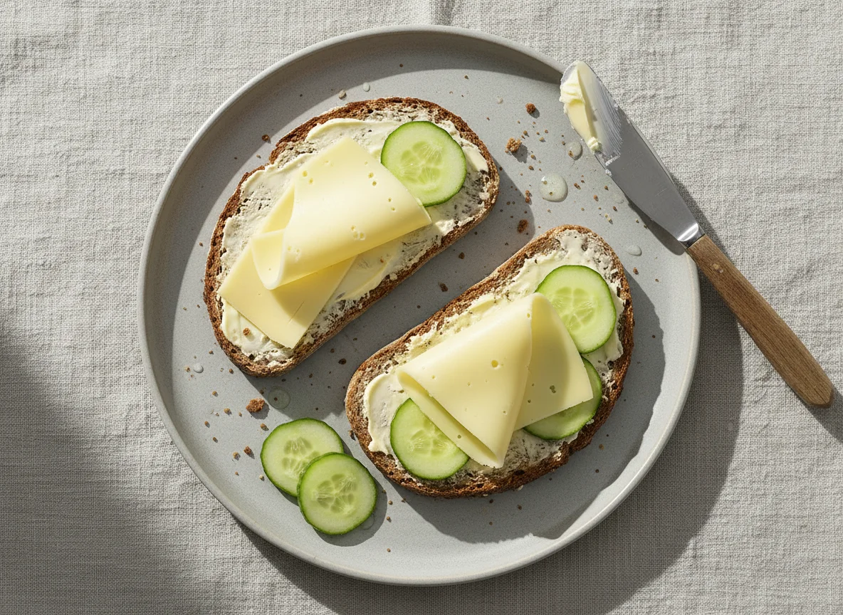Roggenbrot mit Butter, Käse und Gurke photo