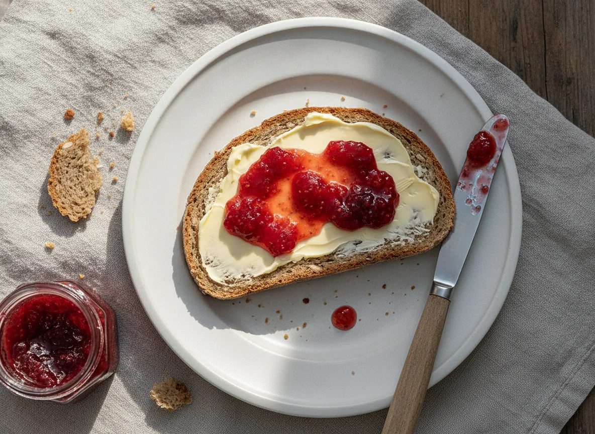 Roggenbrot mit Butter und Erdbeermarmelade photo