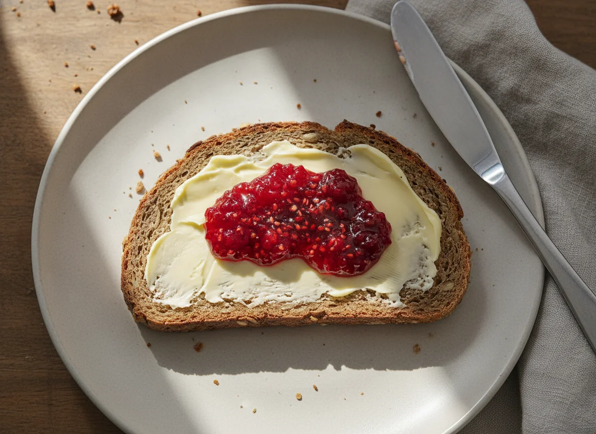 Roggenbrot mit Butter und Marmelade photo