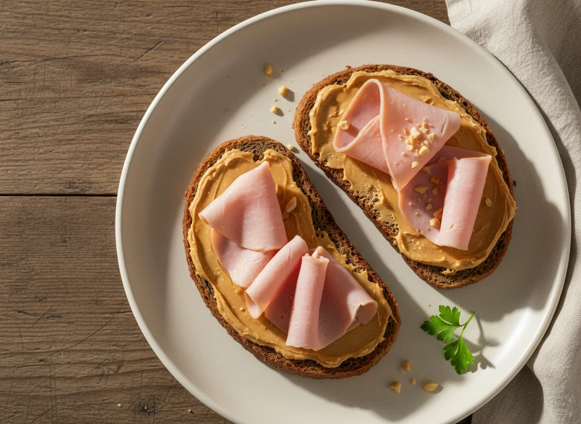 Roggenbrot mit Erdnussbutter und Schinken photo