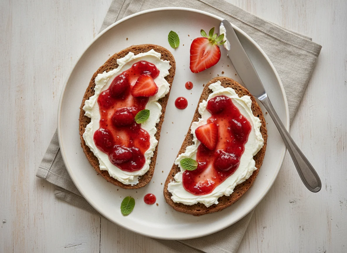 Roggenbrot mit Frischkäse und Erdbeermarmelade photo
