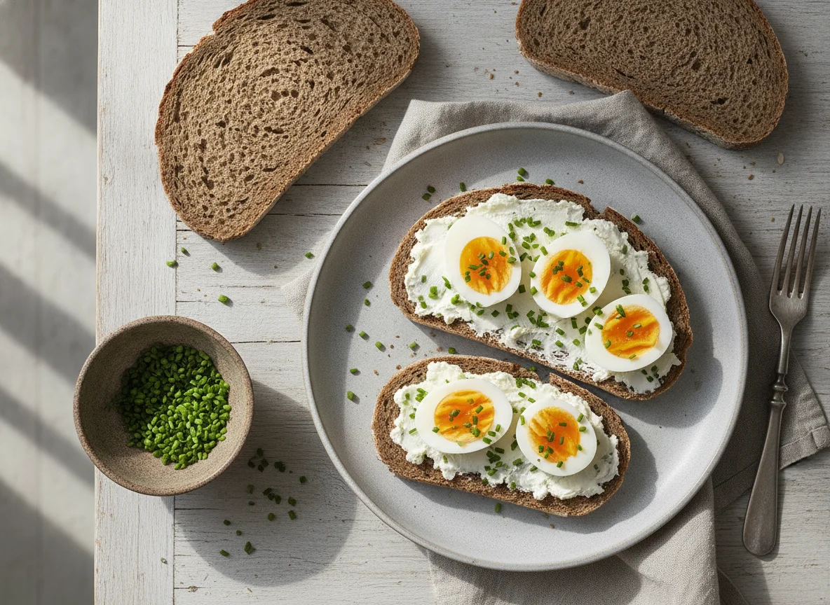 Roggenbrot mit Frischkäse und gekochten Eiern photo