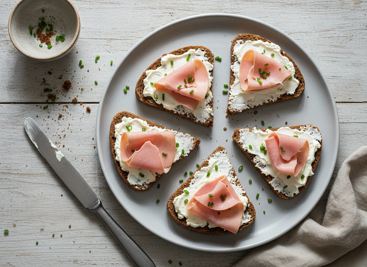 Roggenbrot mit Frischkäse und Kochschinken photo