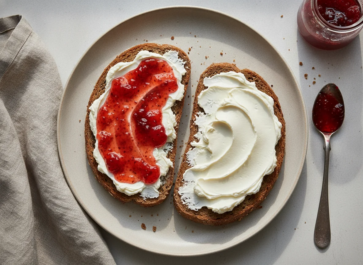 Roggenbrot mit Frischkäse und Marmelade photo