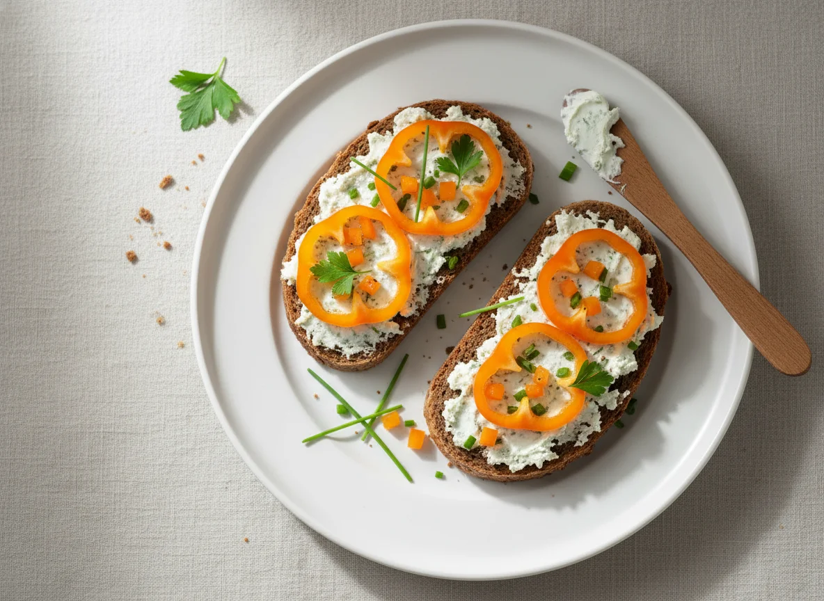 Roggenbrot mit Frischkäse und Paprika photo