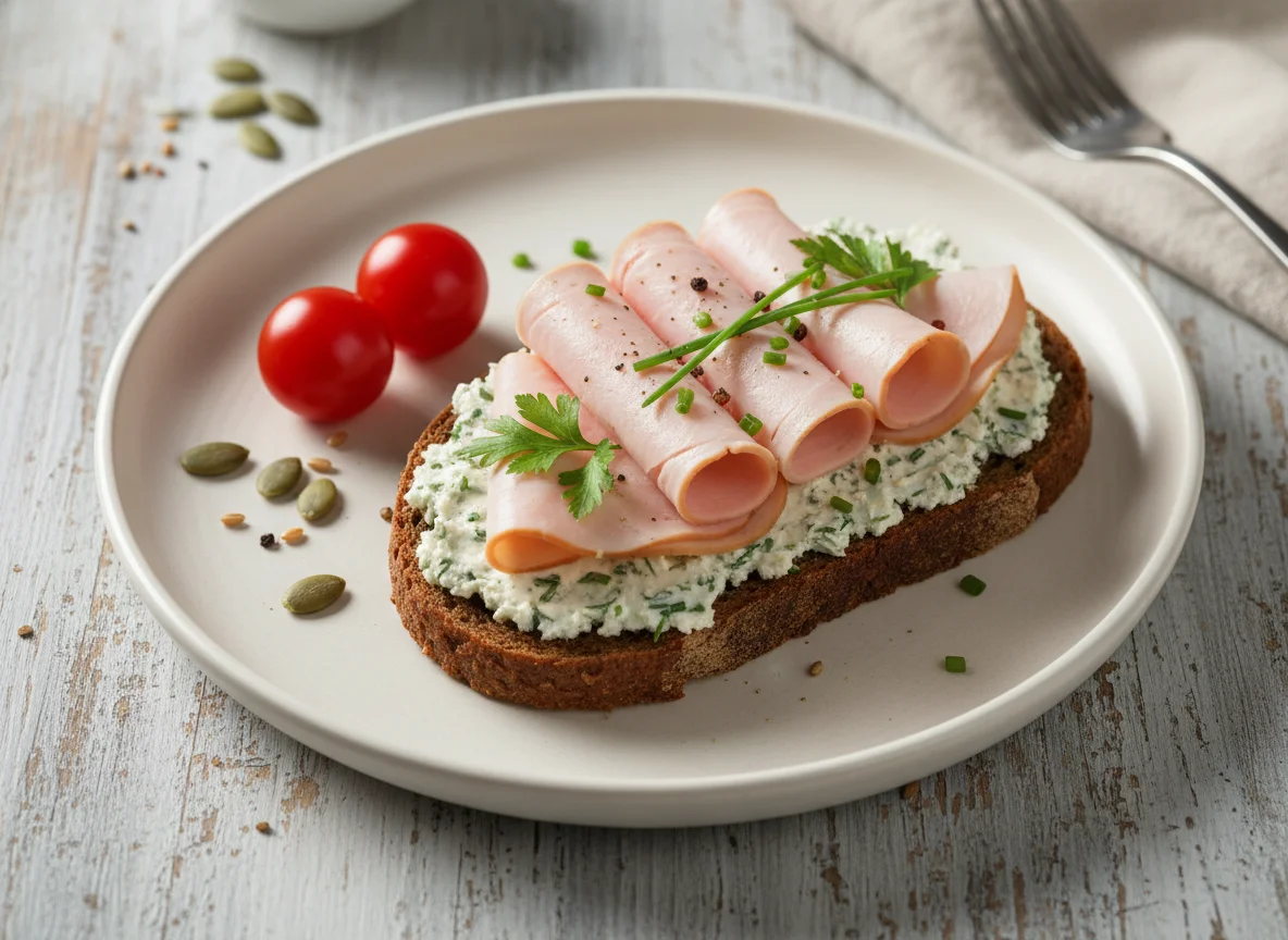 Roggenbrot mit Frischkäse und Putenbrust photo