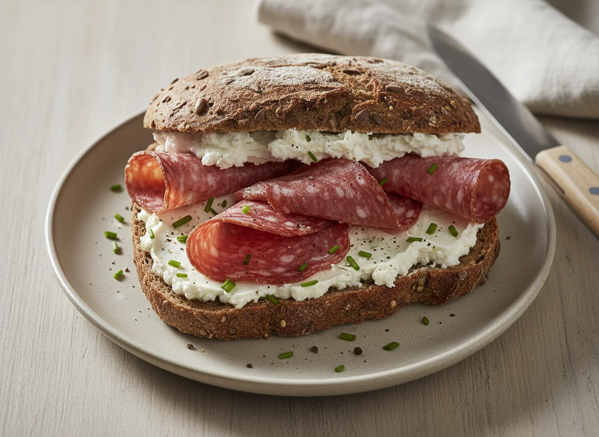 Roggenbrot mit Frischkäse und Salami photo