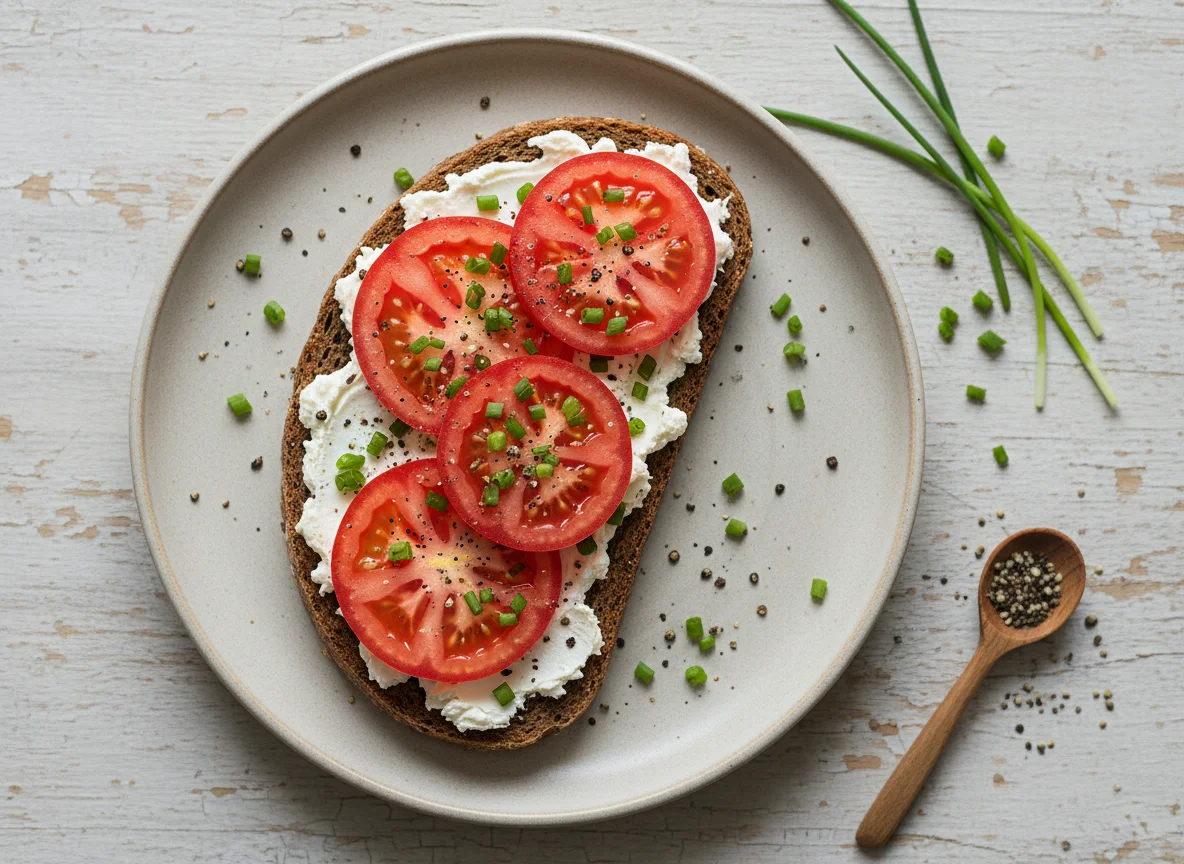 Roggenbrot mit Frischkäse und Tomate photo