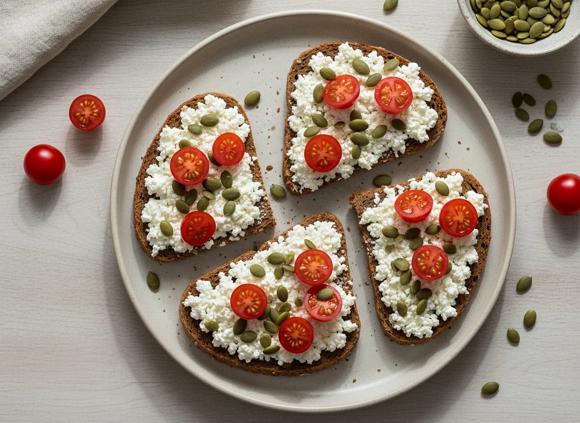 Roggenbrot mit Hüttenkäse und Kirschtomaten photo