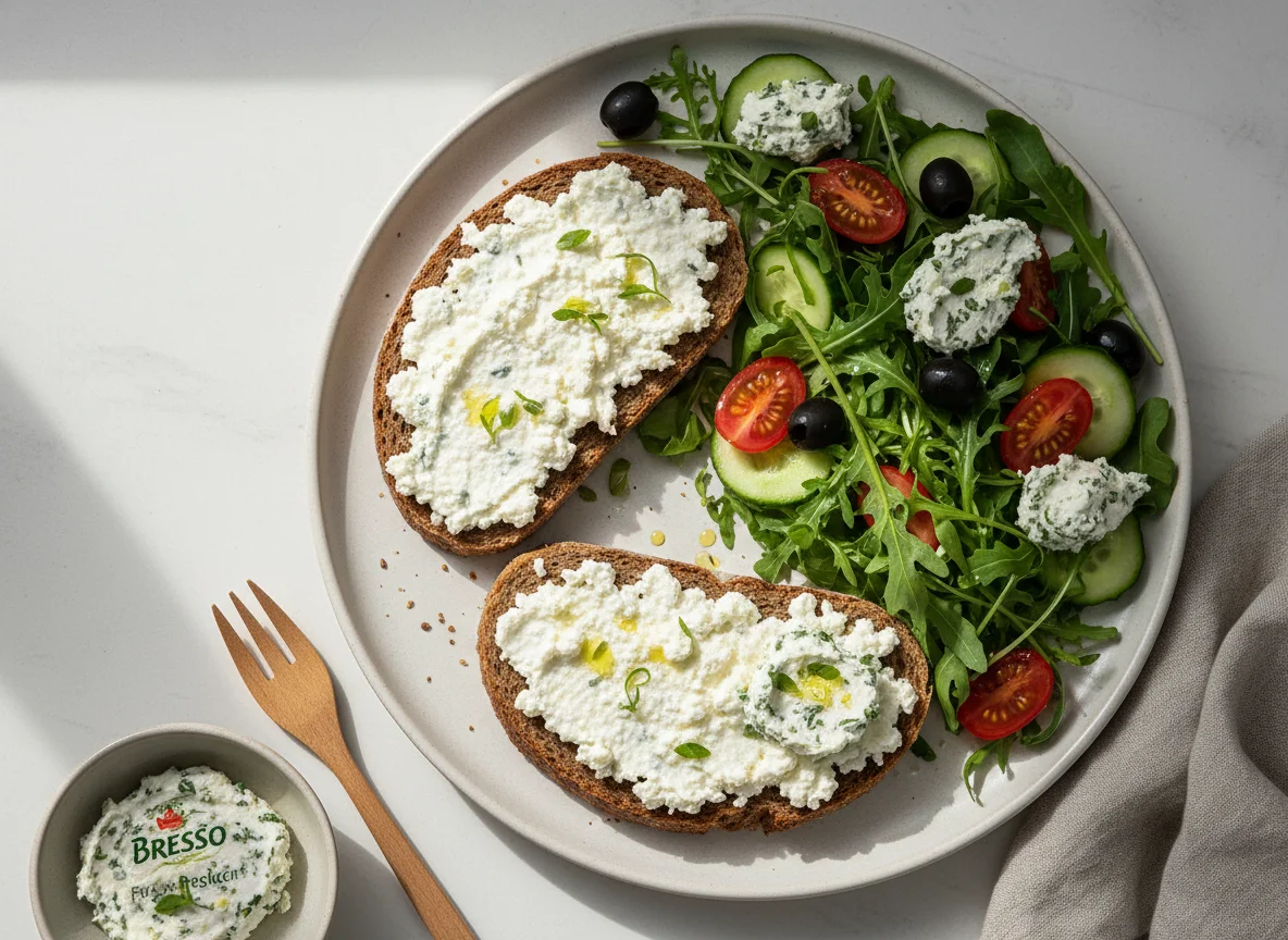 Roggenbrot mit Hüttenkäse und Salat photo