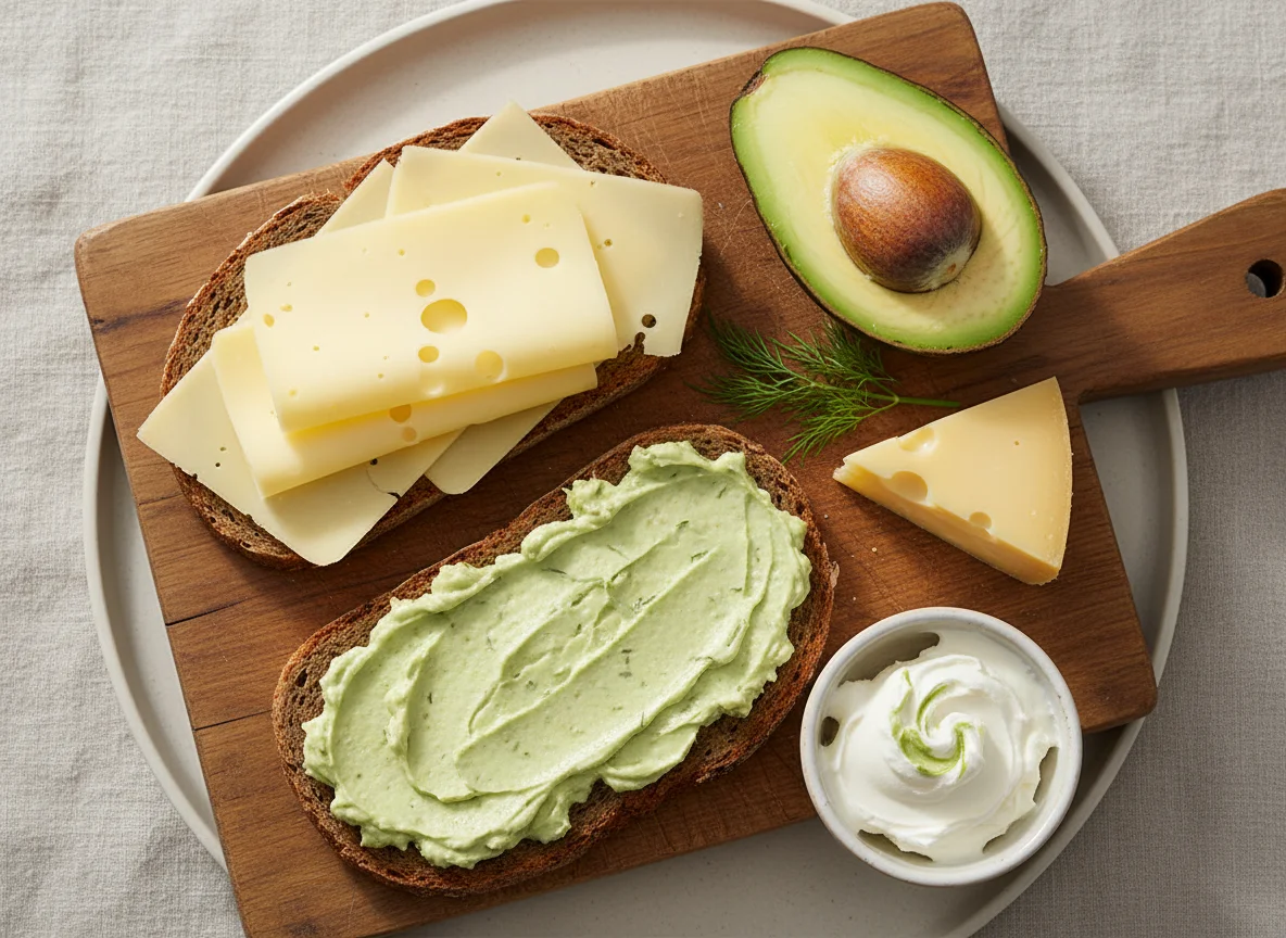 Roggenbrot mit Käse und Avocado-Frischkäse-Aufstrich photo