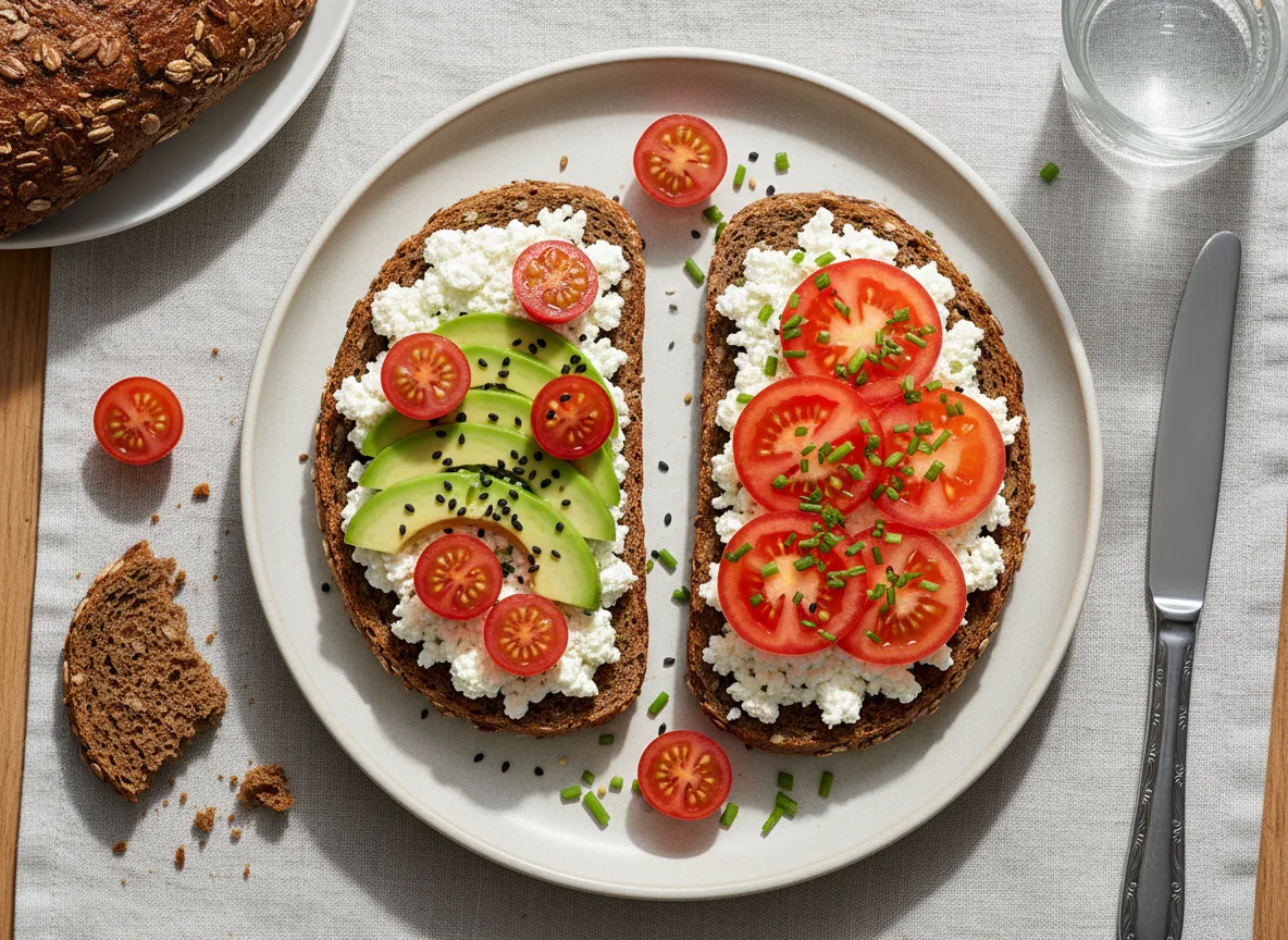 Roggenbrot mit Körnigem Frischkäse und Avocado photo