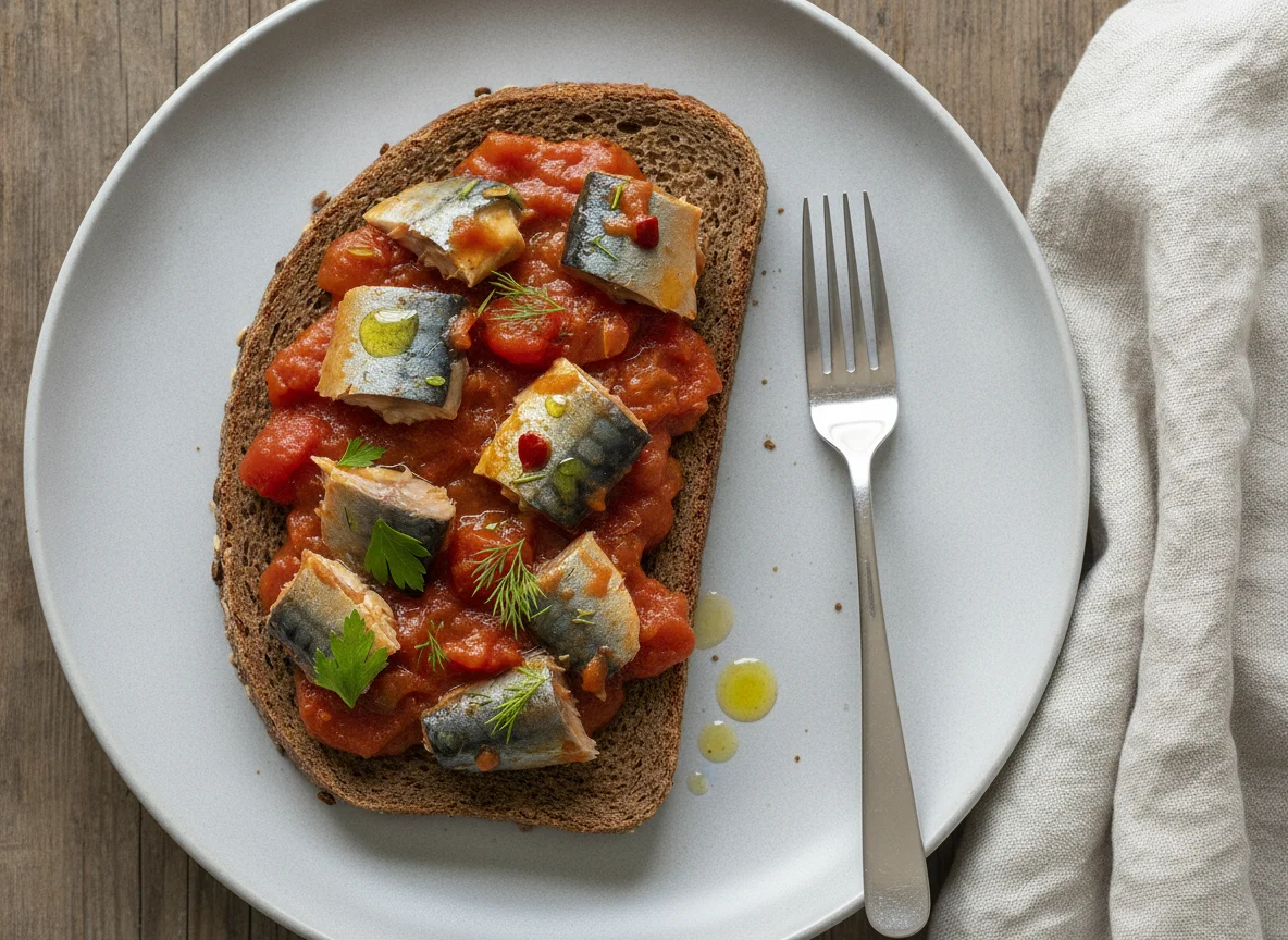 Roggenbrot mit Makrele in Tomatensauce photo