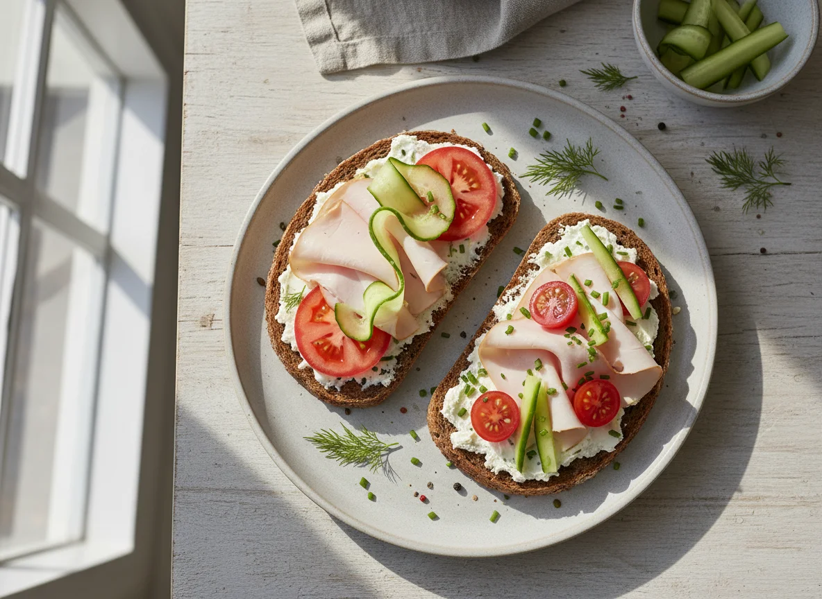 Roggenbrot mit Putenbrust, Frischkäse und Gemüse photo