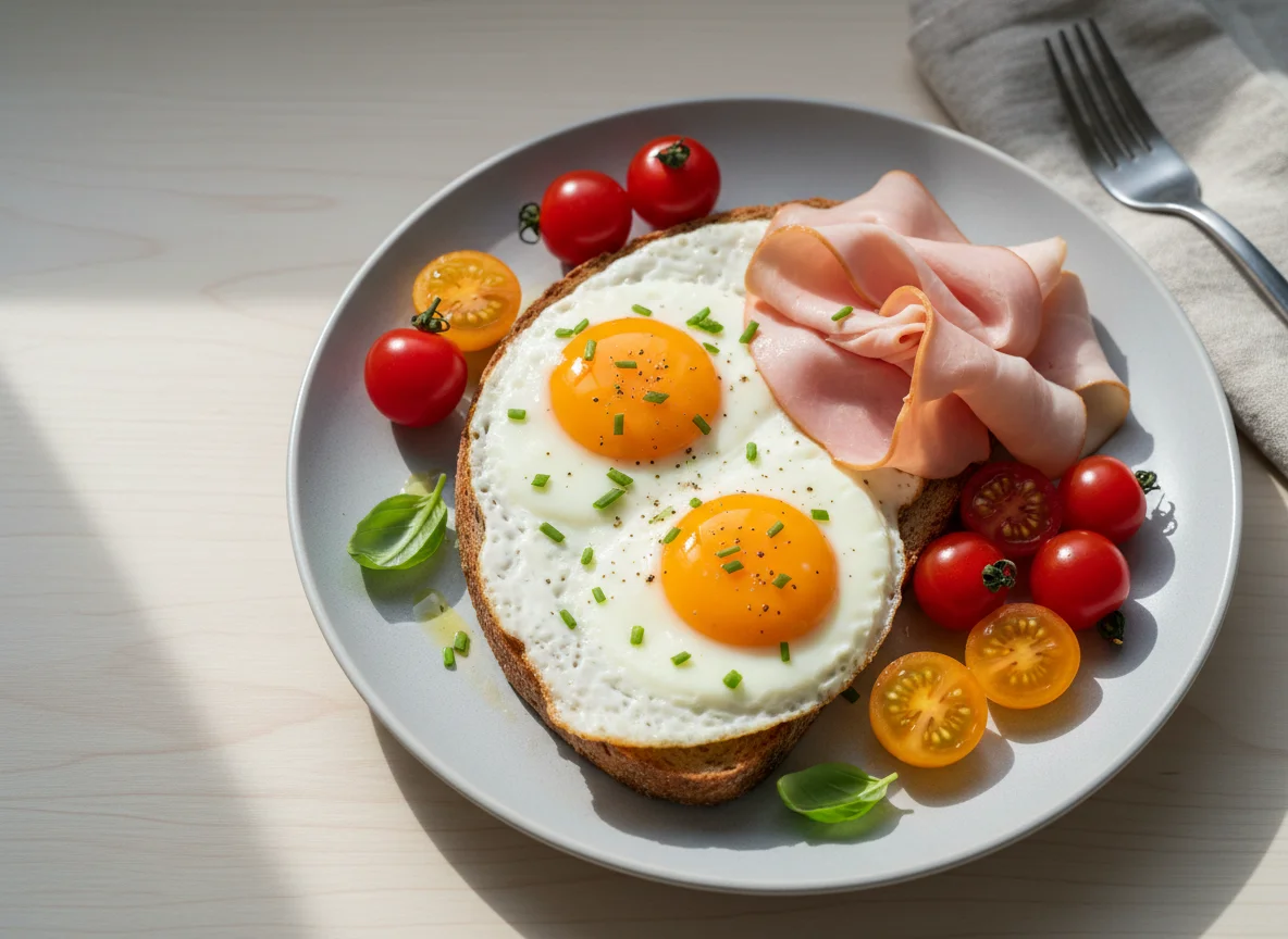 Roggenbrot mit Spiegelei, Schinken und Kirschtomaten photo