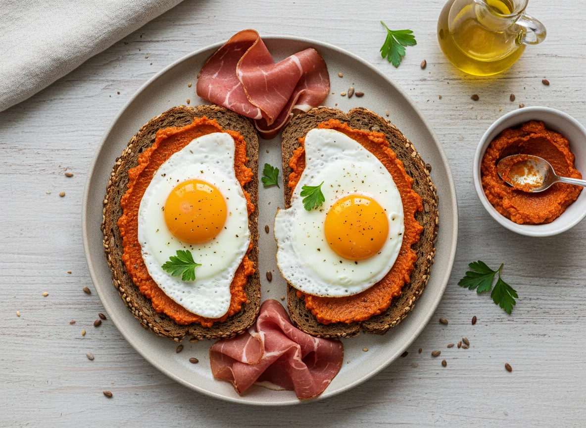 Roggenbrot mit Spiegelei und Rinderschinken photo
