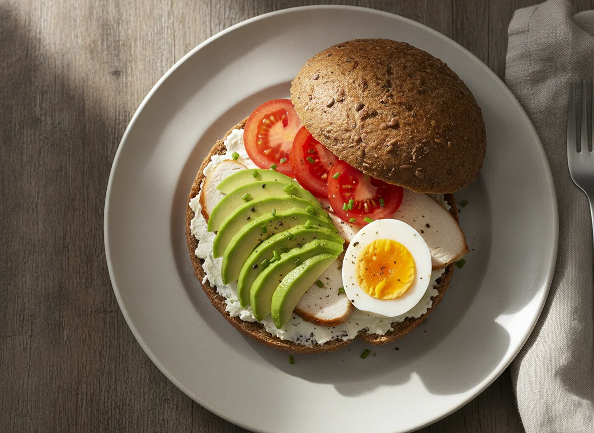 Roggenbrötchen mit Frischkäse, Avocado, Hähnchenbrust, Tomate und Ei photo