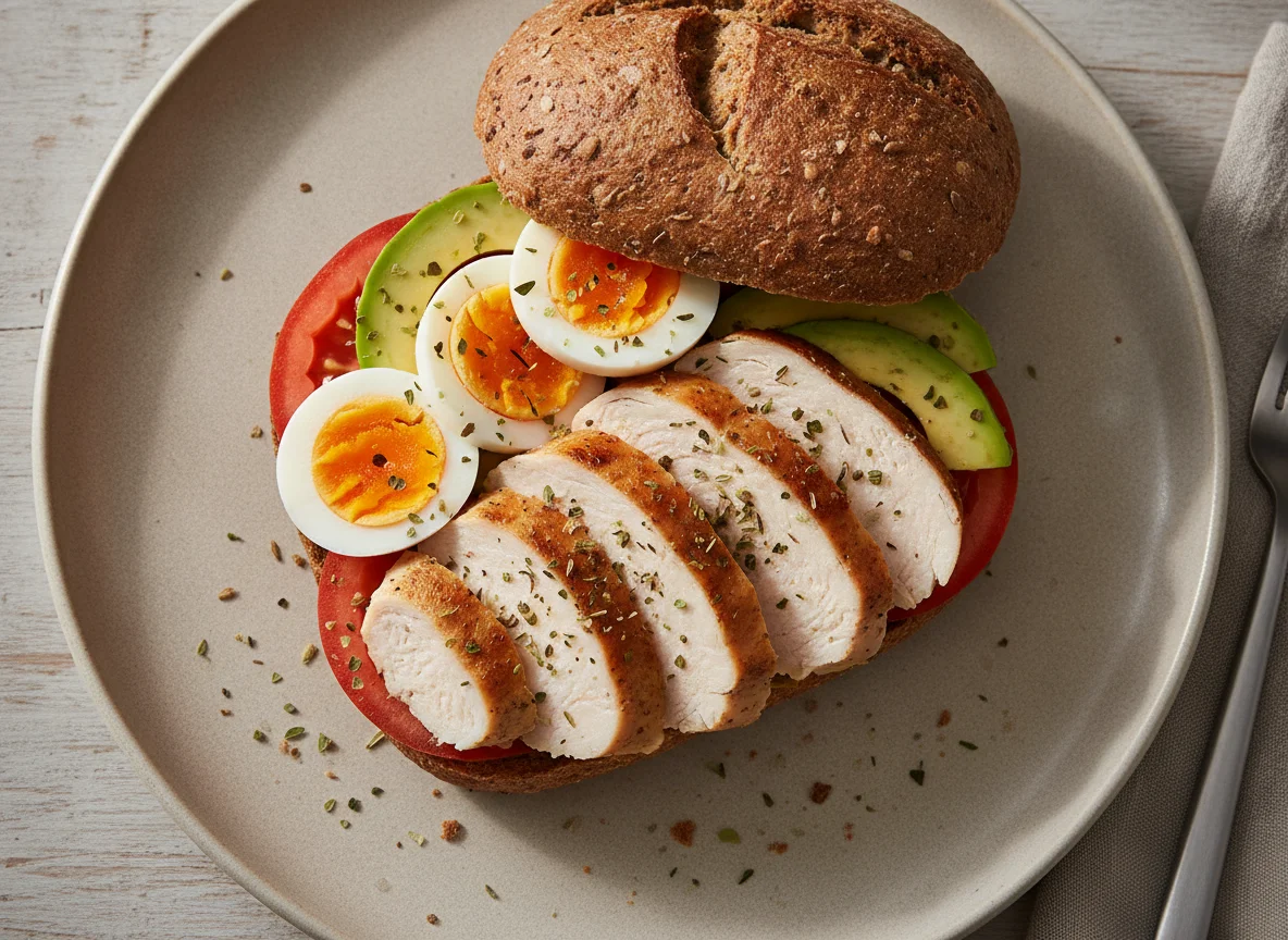Roggenbrötchen mit Hähnchenbrust, Ei und Avocado photo