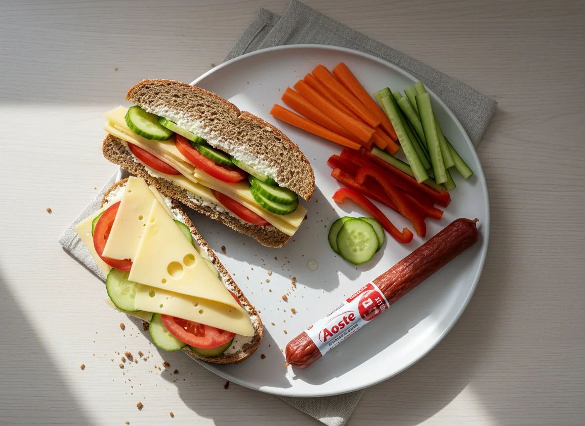 Roggenbrot-Sandwich mit Käse und Gemüseplatte photo