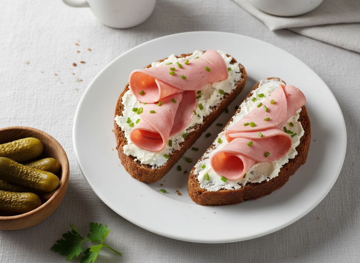 Roggenbrot-Sandwich mit Wurst und Frischkäse photo