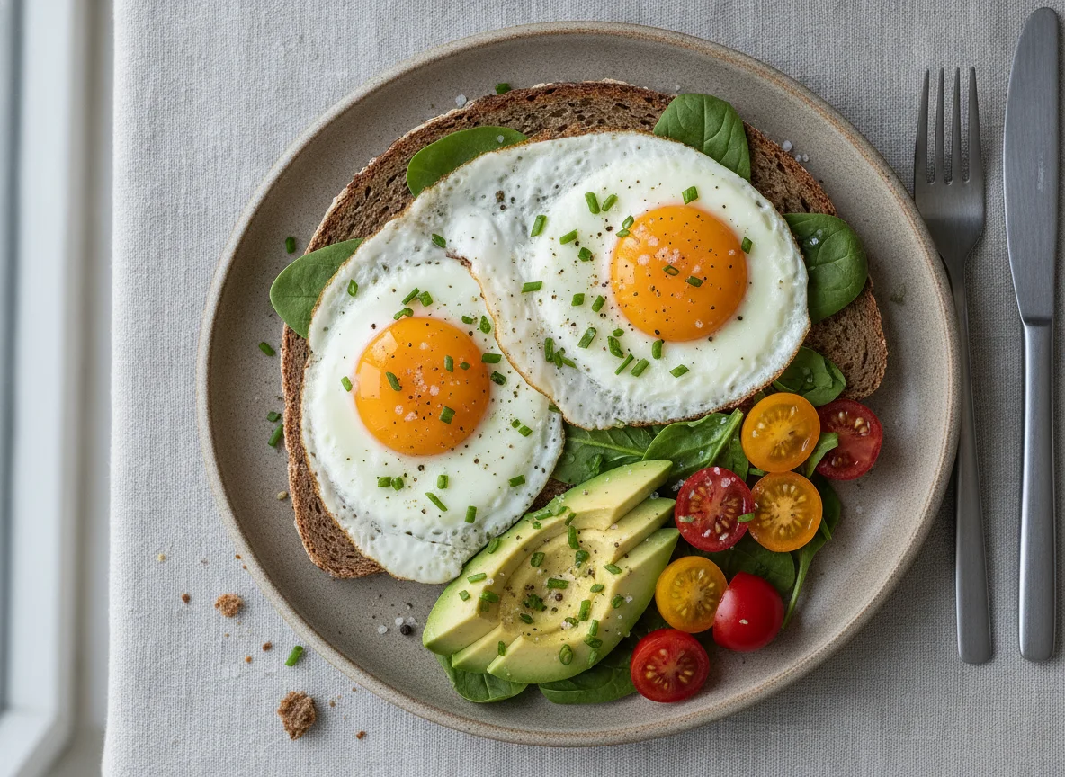 Roggengraubrot mit Spiegelei, Avocado und Tomaten photo