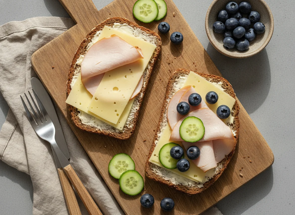 Roggenvollkornbrot mit Käse und Putenbrust, dazu Blaubeeren und Gurke photo