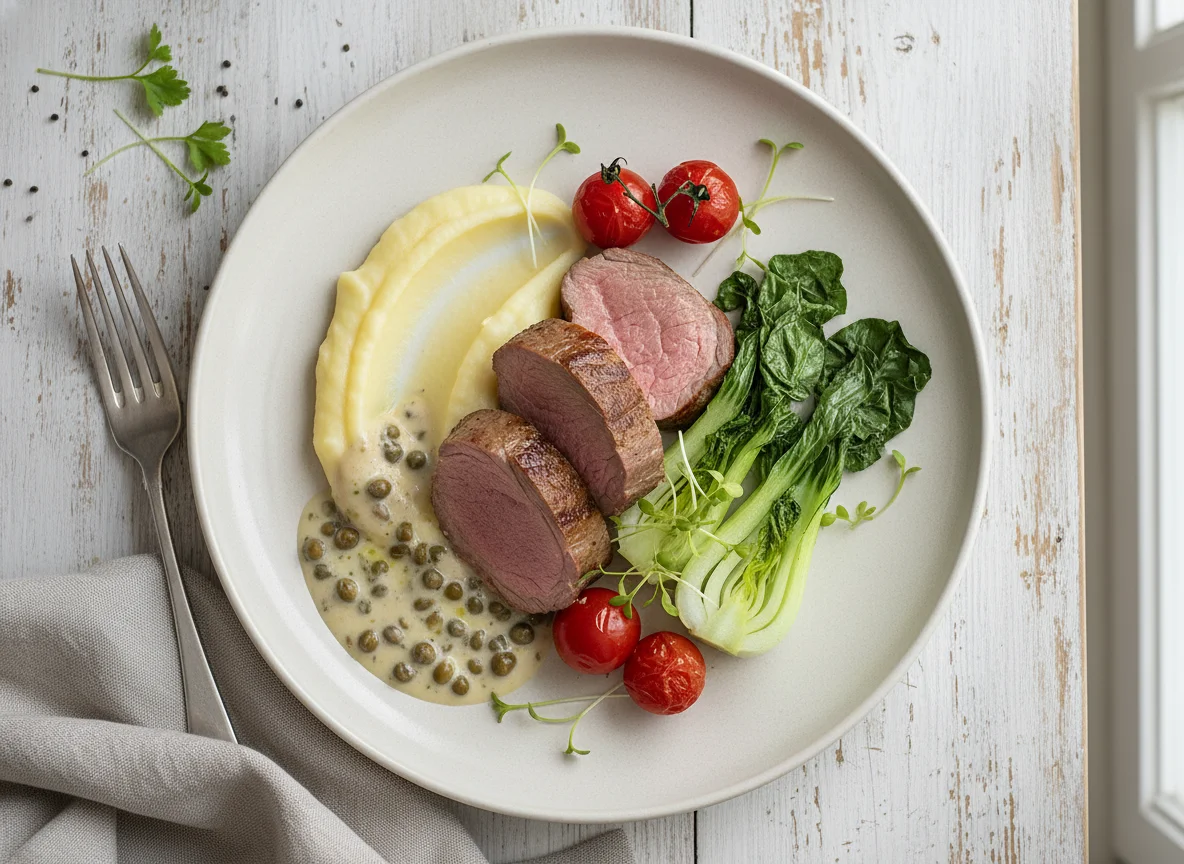Rosa gebratenes Fleisch mit Püree, Pak Choi und Sauce photo