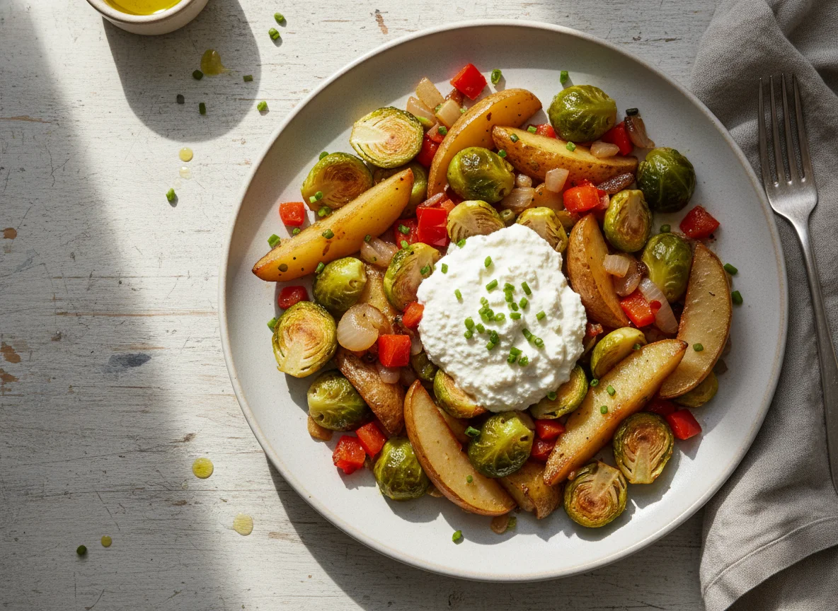 Rosenkohl-Birnen-Pfanne mit Kartoffeln und Quark photo