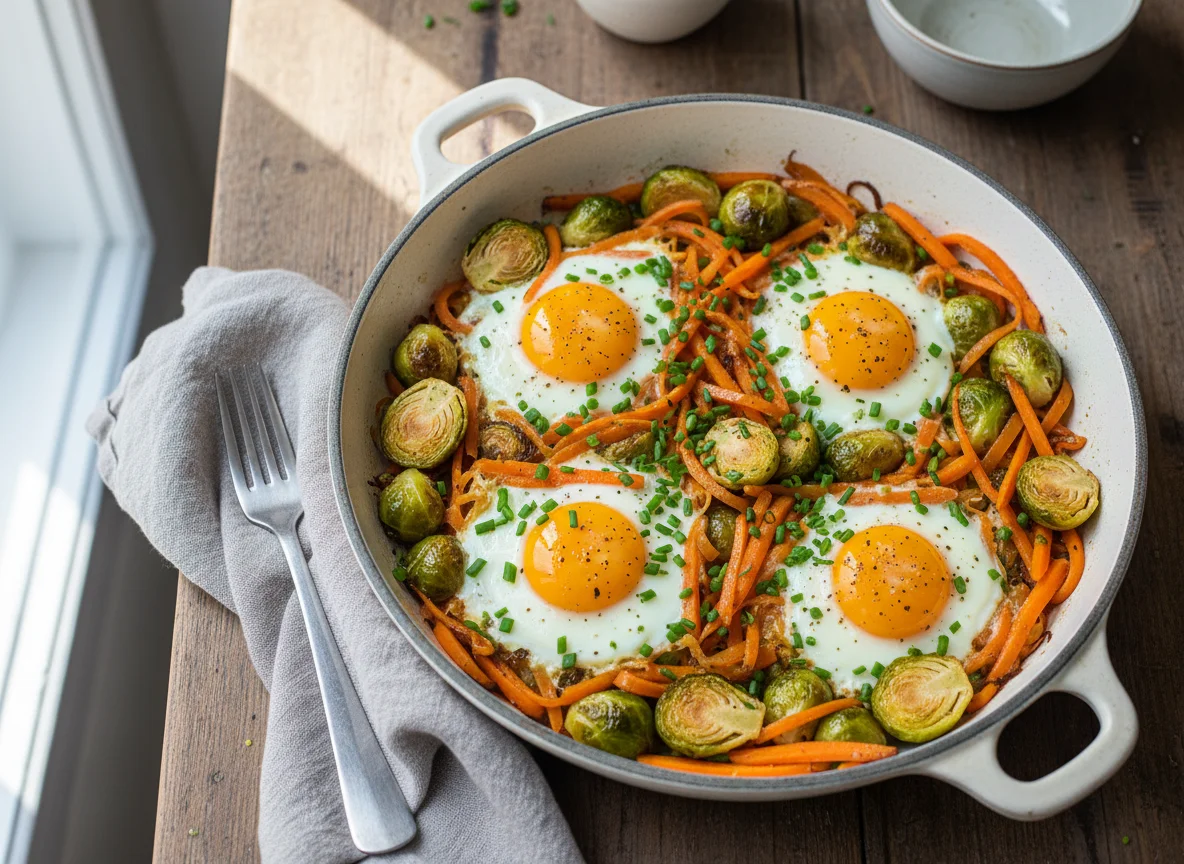 Rosenkohl-Karotten-Pfanne mit Ei photo
