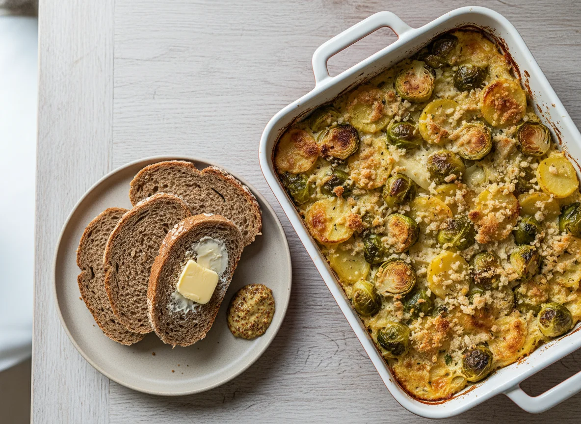 Rosenkohl-Kartoffel-Auflauf mit Beilagen photo