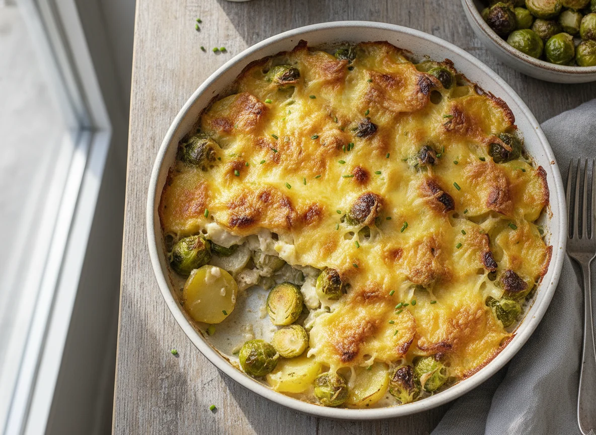 Rosenkohl-Kartoffel-Auflauf mit Käse photo