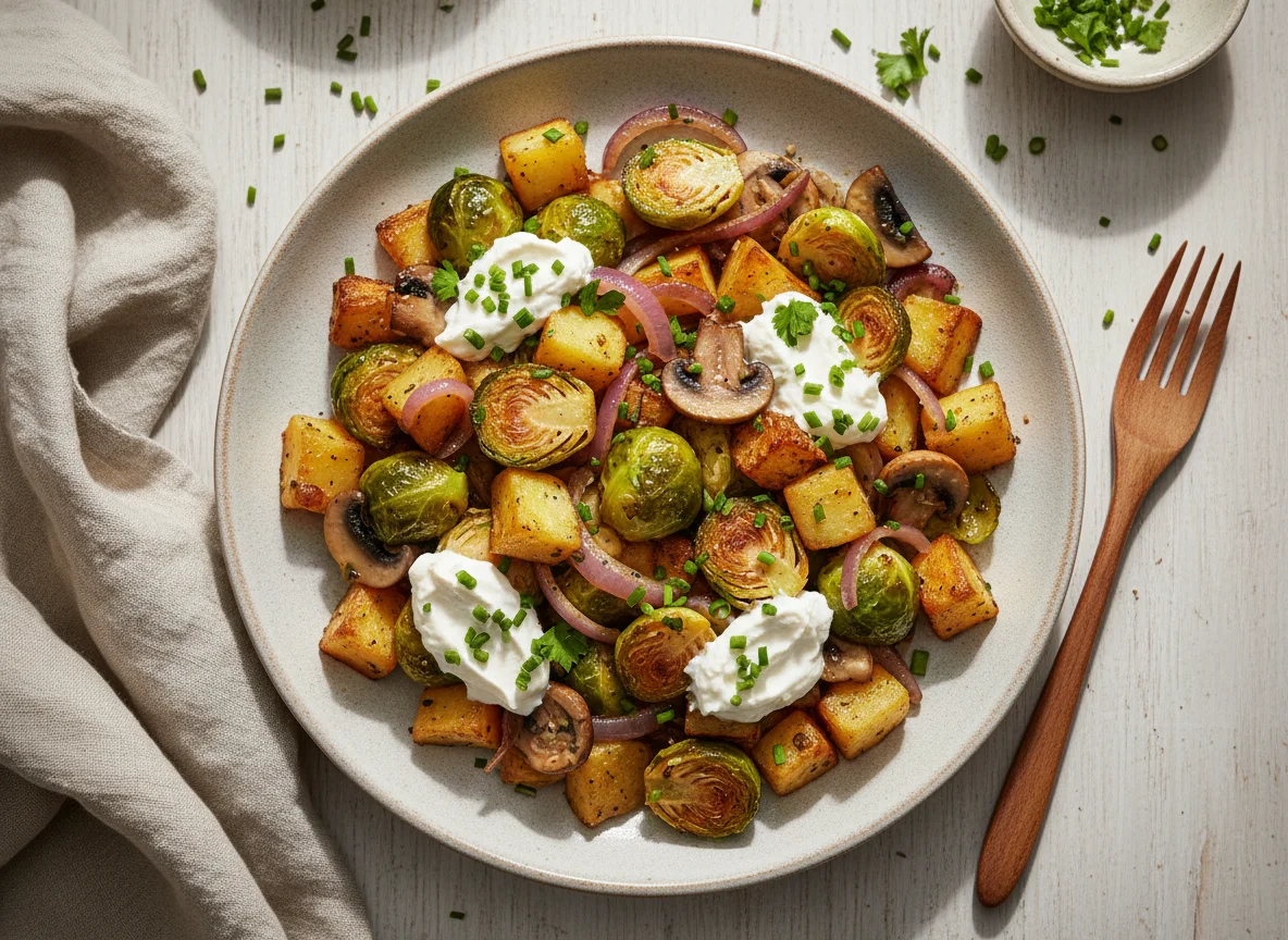Rosenkohl-Kartoffel-Pfanne mit veganem Frischkäse photo