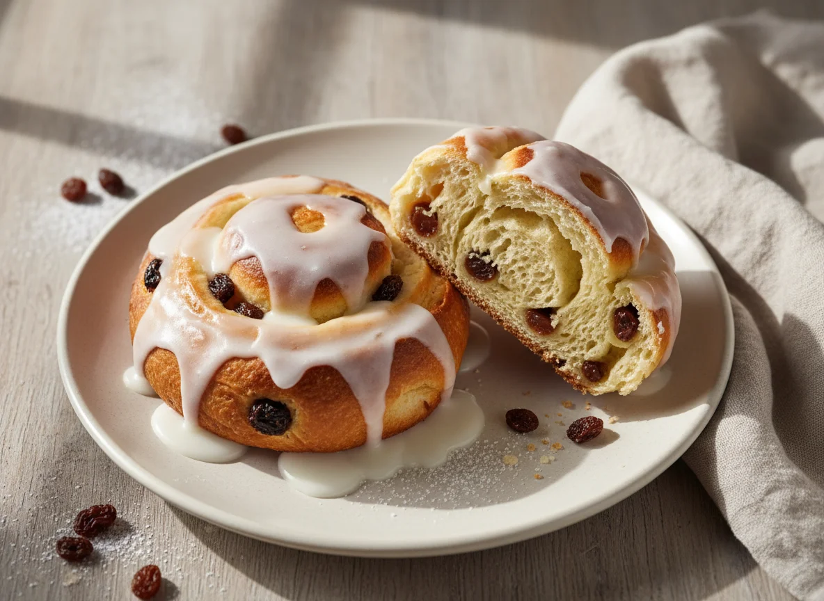 Rosinenbrötchen mit Zuckerguss photo