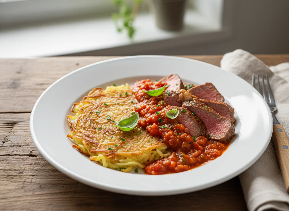Rösti mit Fleisch und Tomatensauce photo